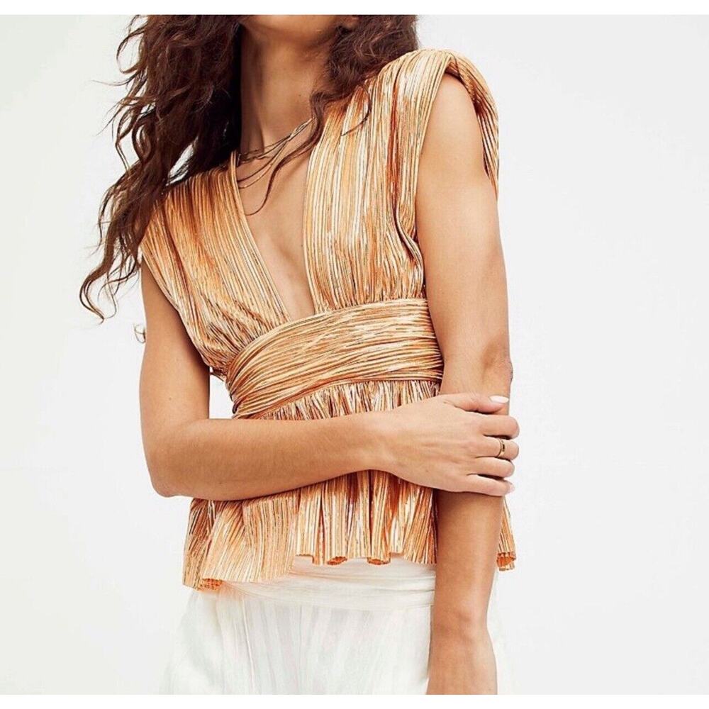 Sabina Musayey Gianna Foil Pleated Cropped Tie Back Deep V Blouse/Top - Medium